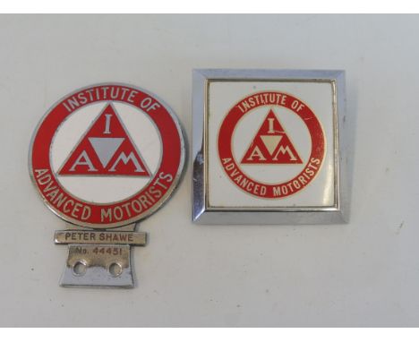 An Institute of Advanced Motorists type 1 car badge, bearing the name Peter Shawe no. 44451, chrome plated brass and enamel p