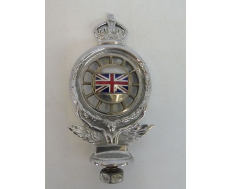 A small Royal Automobile Club full member badge open crown version chrome plated brass with good oblong enamel union jack cen