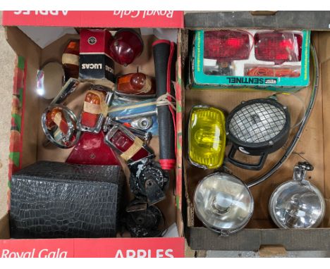 Two boxes of assorted lamps and lenses including spot lamps, a fog lamp, Wipac set of  lights etc. plus various chrome access