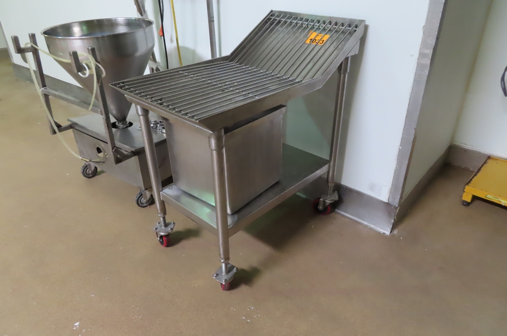 Oil drain cart, stainless frame with wire top, mobile. [Rigging Fee 75.00]