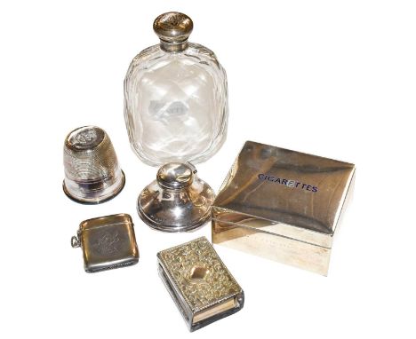 Silver cigarette box, silver and glass flask, silver inkwell, silver vesta, silver matchbox holder, and two James Dixon plate