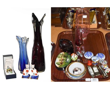 Enamel boxes and covers including Halcyon Days and a Royal Worcester example, a pair of Staffordshire small seated cats, pin 