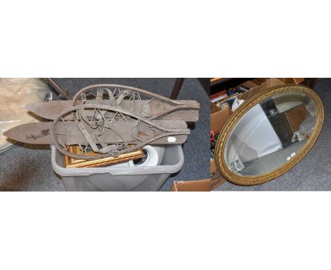 Gilt framed oval wall mirror, two brass ceiling light frames with brass bowl, opaline glass shade and two chimneys, pair of w