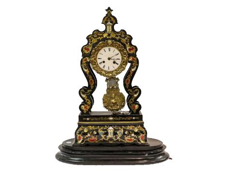 A Victorian Ebonised Striking 'Boulle' Portico Mantel Clock with Musical Cylinder Movement Contained in the Matching Base, ci