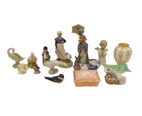 Decorative ceramics, including Royal Copenhagen figure groups, Lladro, a Doulton Burslem vase, Royal Crown Derby box and cove