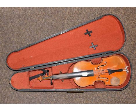 Three Violins and a flat back Mandolin, one labeled 'Manufactured in Bohemia' and printed 'Ole Bull' under back button (4)