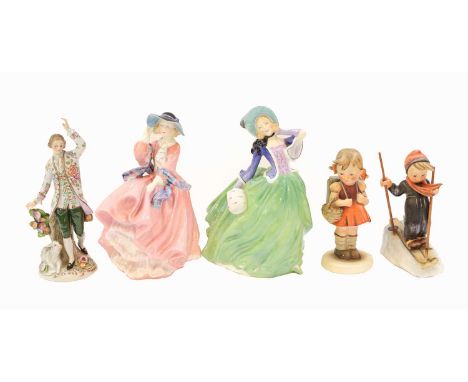 Royal Doulton figures, comprising: 'Top o' the Hill', 'Autumn Breezes' and 'A Lady from Williamsburg'; together with four Hum