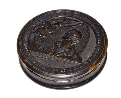 A 19th century pressed horn snuff box commemorating Robert Burns, the interior inscribed "Present to John Hoyle, Shoemaker"