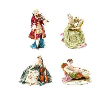 20th century Italian porcelain figure group signed Fabris, depicting an elegant lady practising the cello, another of a gentl