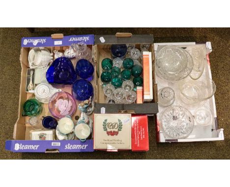 A quantity of 19th century and later household glass and ceramics including decanters, blue glass bowls and drinking glasses,