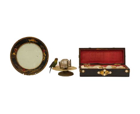 A quantity of mother-of-pearl gaming tokens housed in a Victorian ebonised glove box, with brass and bone mounts; together wi