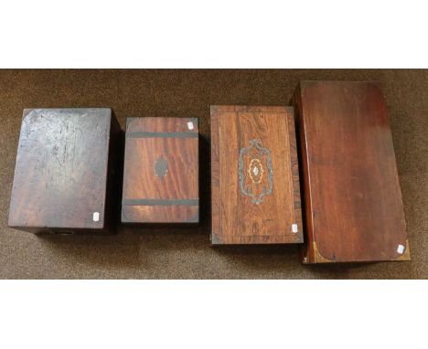 A Georgian mahogany writing slope, two other writing slopes, and a mahogany ammunition box (4)Condition report: Writing slope