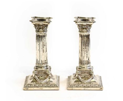 A pair of late Victorian silver candlesticks as Corinthian columns, London, 1890, makers marks rubbed, 17cm highCondition rep