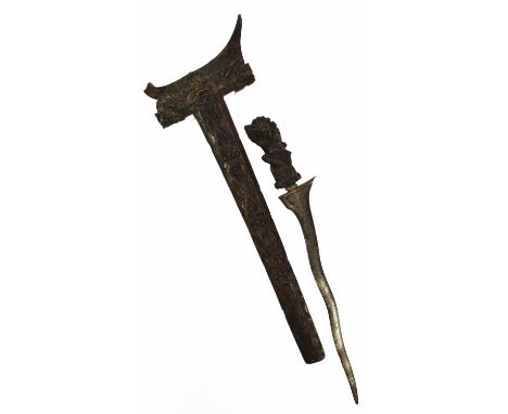 A Balinese Kris, with 34cm four lok pamor steel blade, coloured glass jewel set gilt metal mendak and dark wood hilt carved a