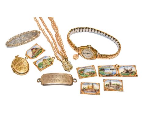 A simulated pearl necklace; a gilt metal locket and chain; a chain with clasp stamped '9CT; a section of enamel bracelet; two