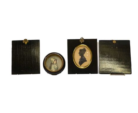 A portrait miniature of a young girl, two miniature frames, and a circular framed portrait print (4)