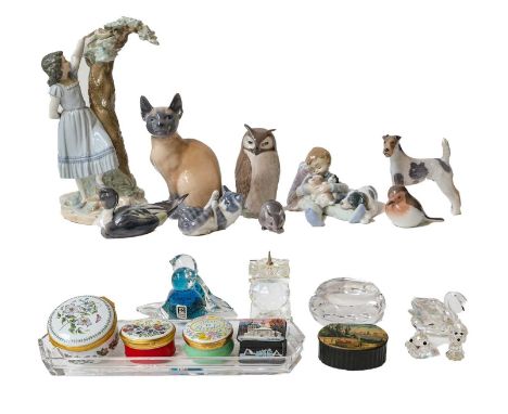 A Royal Copenhagen cat, owl and five other figures, a Lladro figure, a Nao figure, Mdina birds, five enamel and other boxes, 