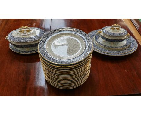 Royal Worcester blue floral ground dinner service with gilt borders, including: 19 dinner plates, 15 salad plates, 6 soup dis
