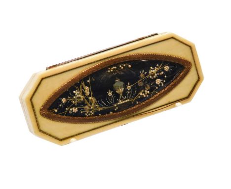A Gilt Metal and Ivory Patch Box, 19th Century, oblong and with canted corners, the hinged cover with a glazed panel with a s