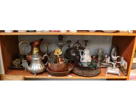 A selection of metalwares including a cut glass pickle jar, plated candlestick, triple holder, copper jugs and bowl, plated b