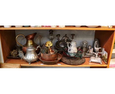 A selection of metalwares including a cut glass pickle jar, plated candlestick, triple holder, copper jugs and bowl, plated b