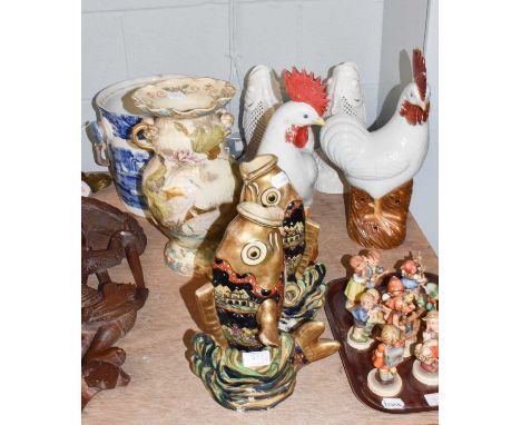 A pair of 20th century Chinese porcelain models of cockerels, together with a pair of reticulated fish vases, a pair of simil