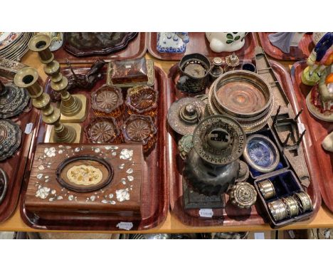 Silver plated items including condiments, bottle coasters, a model of a gondola-type vessel, an oil lamp base, a pair of bras