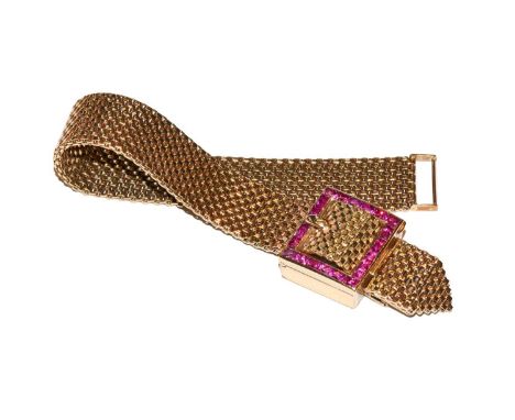 A synthetic ruby watch/ bracelet, unmarked, length 17.5cmCondition report: Winding smoothly. Movement not working. The watch 