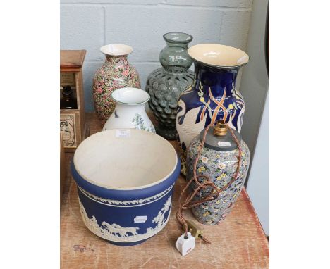 A Tunstalls England Jasperware planter, assorted vases including a Crown Ducal ware floral example, and one converted to a la