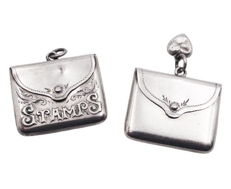 Two Edwardian silver stamp holders modelled in the form of envelopes, the first example detailed 'Stamps', hallmarked Crisfor