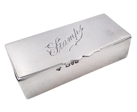 Late Victorian silver stamp box, of plain rectangular form, the hinged cover engraved 'Stamps', opening to reveal a gilt inte