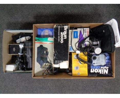 A box containing digital cameras, camera flashes, camcorder, camera lens and accessories etc 