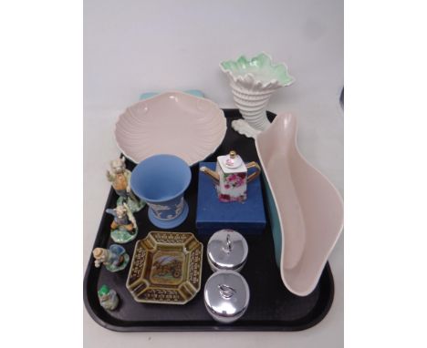 A tray of assorted ceramics to include Poole shell dish and trough, Wedgwood Jasperware vase, Royal Worcester egg coddlers et