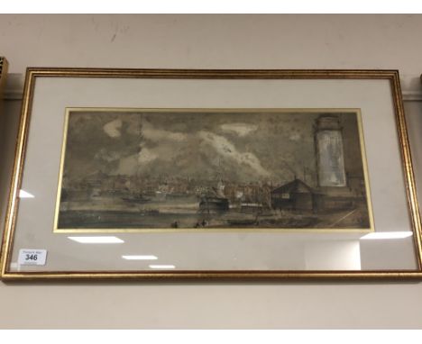 A antiquarian watercolour depicting a river mouth with light house and dwellings beyond. 44.5x19cm in gilt frame and mount