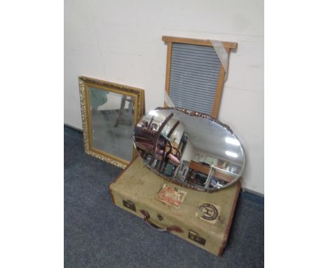 A vintage canvas trunk together with a washboard gilt framed bevel edged mirror and a further frameless bevel edged mirror