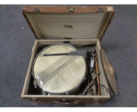 A vintage snare drum on stand with cymbals in case together with a further folding music stand and drum pedal 