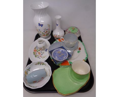 A tray of assorted ceramics to include Maling Rosine lidded powder bowl, Aynsley vases, Spode dish, Maling cup and saucer etc