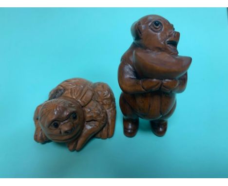 A Japanese carved fruitwood netsuke - Giant Turtle, together with one other.  (2) 