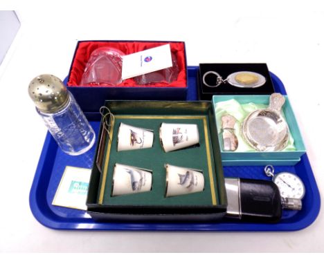 A tray of cut glass sifter, hip flask, boxed brandy glasses, stop watch etc