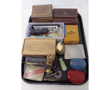 A tray of miscellany to include Mauchline box, cased spectacles, precision tools, part miniature engine, brass ware etc 
