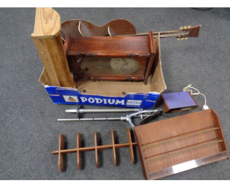 A box containing miscellanea to include mid 20th century Danish teak letter rack and wall light, wall clock, shooting stick, 