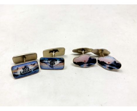 Two pairs of Norwegian silver and enamel cuff links 