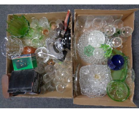 Two boxes containing a large quantity of 20th century glassware, digital camera, compact camera, gents travel set etc 