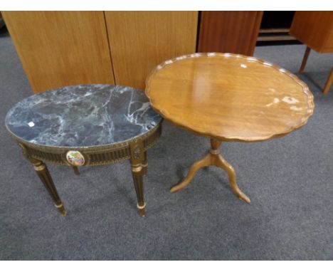 A 20th century pie crust edged occasional table on tripod base together with a further French style gilt occasional table wit