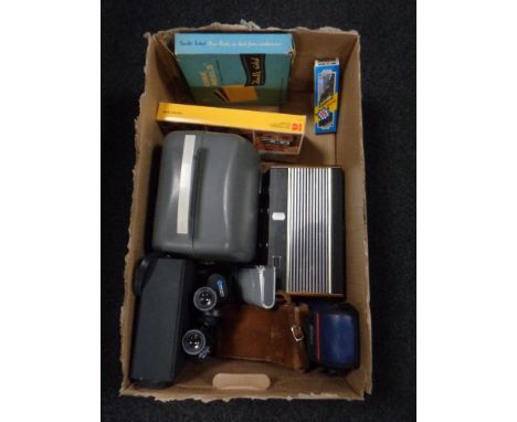 A box containing Roberts radio, Ranger 8x40 field glasses, projector, cameras etc