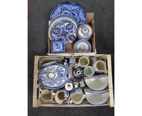 Two crates containing antique and later blue and white ceramics to include 19th century lidded tureen, Delft china, cabinet p