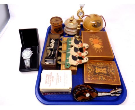 A tray of miniature tortoiseshell mandolin, onyx table lighter, Mauchline ware pomander depicting Inveraray Castle etc 