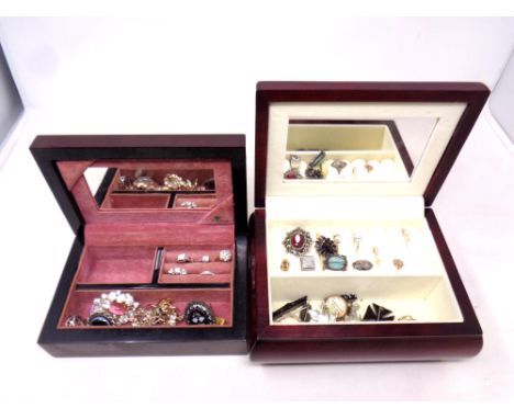 Two jewellery boxes containing costume jewellery, dress rings, jet pieces, white metal, Celtic knot rings etc  