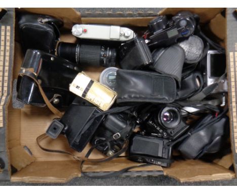 A box of a quantity of photographic equipment to include Ricoh sigma and Zenit camera, camera accessories to include lenses, 