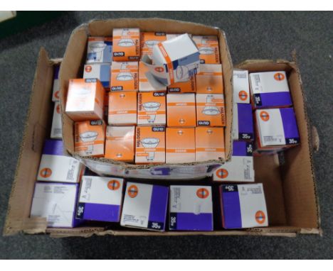 A box containing a quantity of Osram halogen and Powerball light bulbs (boxed new) 